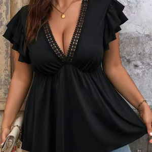 Plus Size Women's Elegant <b>Black</b> Short Sleeve <b>Tops</b> V Neck Medium Elastic Solid Shirt with Ruffle Detail and <b>Lace</b> Edge - Product Image 1