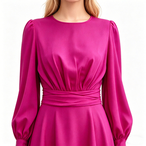 <span class=keywords><strong>Robe</strong></span> de soirée modeste en satin fuchsia à col rond, manches longues bouffantes, ceinture à nouer, coupe trapèze, longueur ras du sol, pour <span class=keywords><strong>femme</strong></span>, sur mesure - Product Image 4