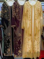 Robe longue de soirée formelle de luxe Dubaï, Abaya modeste à manches longues, broderie dorée perlée à la main, robe extérieure en maille avec robe intérieure