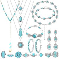 Ensemble de bijoux bohèmes en argent pour femmes, 18 pièces, collier, bracelet, bague, boucles d'oreilles, ensemble de bijoux turquoise western