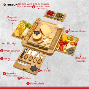 Ensemble de planches à fromage carrées en bois d'acacia avec 2 tiroirs de rangement et plateaux en acier inoxydable pour la présentation de charcuterie et de fromages - Product Image 5