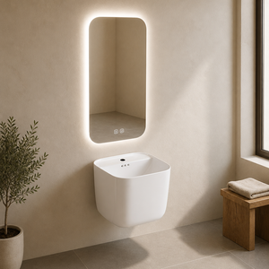 Lavabo a parete con centro bocca del rubinetto avanzato rispetto al corpo, due linee sul disegno, per progetti alberghieri - Product Image 1