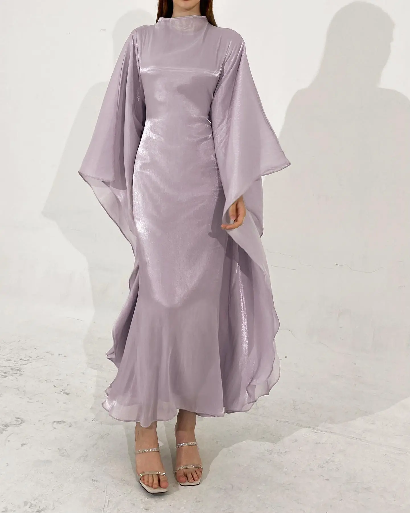 Sheen Kaftan Dress In Lilac With Stain Under Layer, Chiffon Organza , Long Sleeves, Oversized Loose Cut