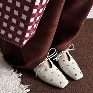 WETKISS Zapatos Casuales de Cuero Suave Estilo Coreano para Mujer, Zapatos Planos con Lazo y Tachuelas Metálicas, <span class=keywords><strong>Mocasines</strong></span> Planos con Punta Cuadrada - Product Image 4