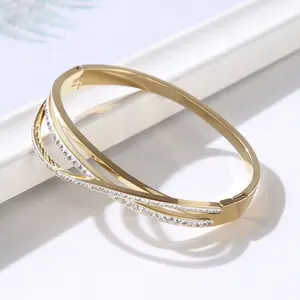 Grosir Perhiasan Mewah untuk Wanita Perempuan Gelang Perhiasan Manset Gelang Tanah Liat CZ Kristal Baja Nirkarat Gelang Bangle