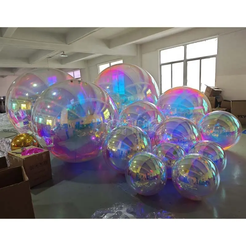 Big shiny balls rainbow holographic iridescent translucent chrome pvc mirror balls 1m inflatable mirror ball