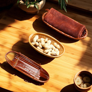 Bamboo Woven Oval <b>Tray</b> Storage <b>Basket</b> For Tea Ceremony Zen Style Decorative <b>Trays</b> - Product Image 3