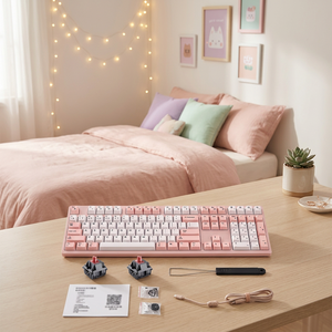 Clavier mécanique silencieux Cherry Axis USB Type-C 108 touches, trois modes, pleine taille, anti-ghosting, sans rétroéclairage, rose, neuf - Product Image 1