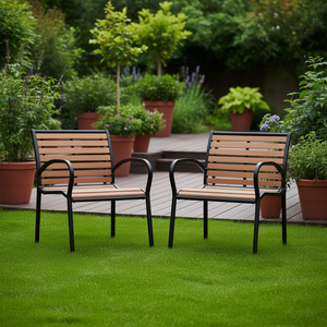 Ensemble de 2 chaises de jardin noires et marron en acier et WPC, design standard, mobilier d'extérieur imperméable - Product Image 2