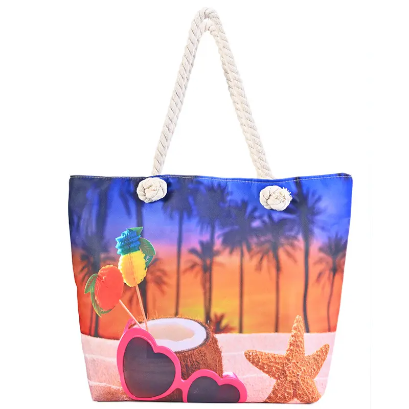 حقيبة كتف للشاطئ مخصصة بشعار بسعة كبيرة من قماش الكتان القطني ملحقات الشاطئ حقيبة حمل