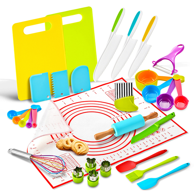 Kitchen Gadget 19-Piece Children Cooking Suit Silicone Rolling Pin and Kneading Pad Set Non-Stick Food Flour Stick for Baking
