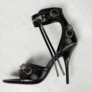 Hot Metal Ornament Sandals Women Ankle Strap Zipper Shoes High Heels Stiletto Open Square Toe Custom Shoe - Product Image 3