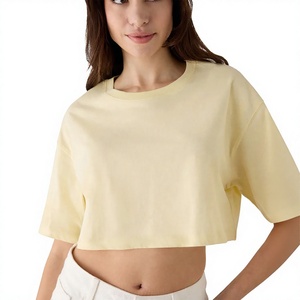 เสื้อยืดครอปสีเหลืองอ่อนสำหรับผู้หญิง คอกลม แขนสั้น ทรงหลวม สีพื้น เสื้อลำลอง สไตล์ฤดูใบไม้ผลิและฤดูร้อน - Product Image 3