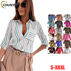 2024 <span class=keywords><strong>Plus</strong></span> <span class=keywords><strong>Size</strong></span> Damen Frühling Herbst Bedruckter Stand knopf Lässig Slim Fit Langarm blusen und Hemden - Product Image 1