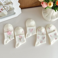 Chaussettes courtes pour femme, blanches à motif floral, avec nœud, style Instagram, respirantes, invisibles, en coton, à aiguille simple