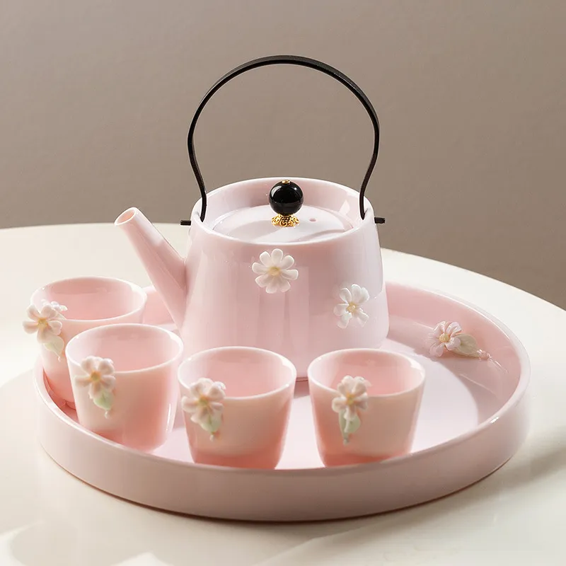 MAIMAI fait à la main 3D fleur blanc/rose couleur blanc jade porcelaine Kung Fu service à thé céramique théière tasse à thé