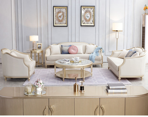 Set di Divani in Pelle di Lusso Leggero 3+2+1 Posti con Finiture in Legno Dorato, <span class=keywords><strong>Mobili</strong></span> per Soggiorno in Stile Europeo per Villa e Appartamento - Product Image 4