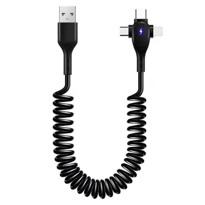 66W Super fast charge T-type spring data cable for iPhone Type-C Android 3-in-1 fast charge cable