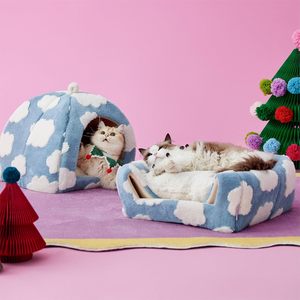 Mavi rahat kapalı yavru çadır çıkarılabilir yıkanabilir yastıklı yastık kaymaz alt sevimli kedi mağara yatak için küçük evcil hayvanlar için kış - Product Image 5