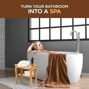 Bangku Mandi Bambu Spa Kayu 2 Tingkat Tempat Duduk Sandaran Kaki Bangku Cukur dengan Kaki Anti Selip Rak Penyimpanan - Product Image 5