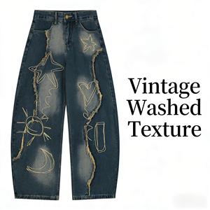 Jean ample en denim délavé foncé pour homme, imprimé étoiles, lune et soleil, style streetwear respirant et lavable - Product Image 2