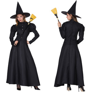Disfraz de bruja negra para mujer adulta, vestido largo con sombrero y escoba, disfraz de Halloween para actuación en escenario, traje de juego de rol - Product Image 5