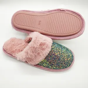 Girls Fluffy Slippers Sequin Faux Fur Indoor Comfy Soft Fuzzy Scuff Slip On Girls House Shoes