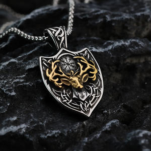 Men's Stainless Steel Pendant <b>Necklace</b> Shield Shape Deer Head Viking <b>Compass</b> Design Gift Jewelry - Product Image 3