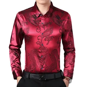 Silk Satin Herren hemden Chinese Dragon Herren Slim Fit Langarm Button Down Dress Shirts