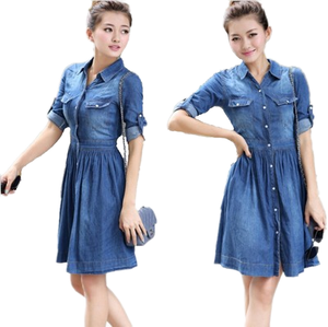 Robe en jean pour femme, manches courtes, boutonnée sur le devant, couleur unie, décontractée, été, automne, hiver, coton lavé écologique, coupe ample - Product Image 1