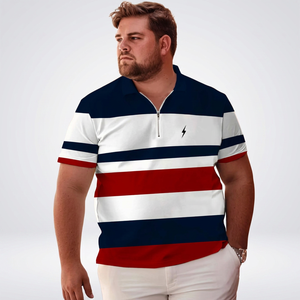 Polo rayé pour homme à manches courtes, color-block, fermeture éclair sur le devant, décontracté, en coton tricoté respirant, blanc, marine, rouge - Product Image 5
