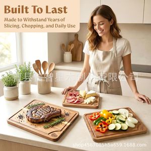 Acacia Cutting Board Set Of 3 Non Toxic Beeswax Finish Kitchen <b>Wooden</b> Chopping <b>Blocks</b> Rectangle Solid Wood With Grooves - Product Image 4