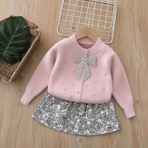 Pull en nylon pour filles avec petit motif floral, paillettes brillantes, nœud, cardigan tricoté pour l'automne et l'hiver - Product Image 3