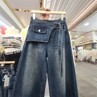 Nouvelle collection automne 2026 – Jean droit délavé bleu superposé à effet enveloppant pour femme, taille élastique, coupe ample, chic et décontracté pour le quotidien – Vente en gros