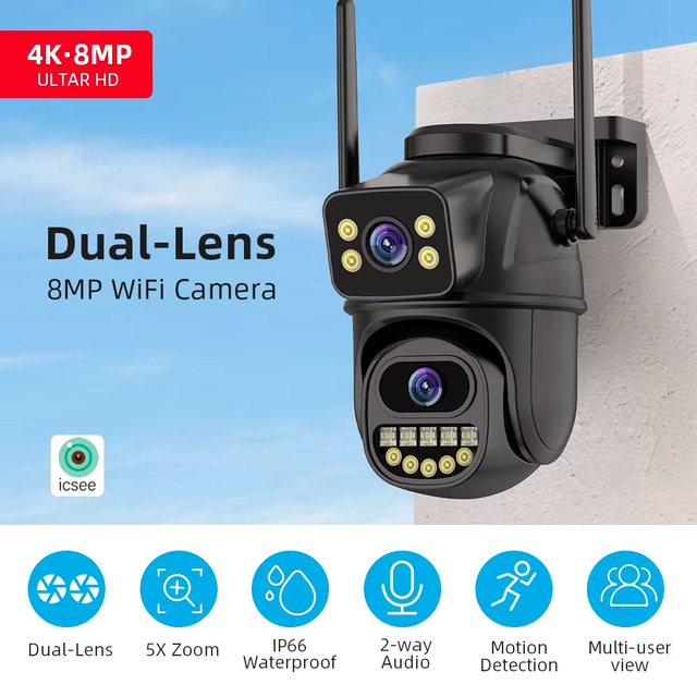 WIFI IP Camera 6MP PTZ Dual Lens Night Vision Two Way Audio AI Auto Tracking Surveillance Cloud Memory Card IP66 Waterproof