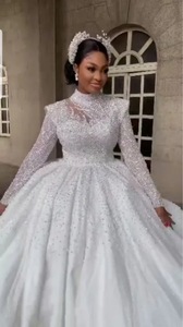 New High Quality Heavy Handmade <b>Small</b> <b>Bag</b> Collar Long Sleeve Panton Princess Tail Luxury Women Wedding Dress - Product Image 4