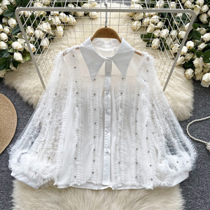 Blusa de manga farol plisada con incrustaciones de diamantes de alta resistencia para mujer, de un solo botón, a la moda - Product Image 3