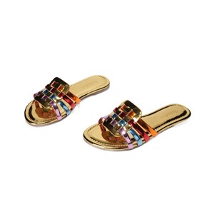 Fashion Ladies Flat Slides New Woven Patent Leather Flat for Women's Comfortable casual Autumn Metal One-strap - Product Image 1