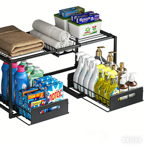Organisateur de rangement sous évier à 2 niveaux extensible, étagère de cuisine ajustable pour économiser de l'espace - Product Image 6