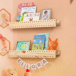 Wooden Pegboard Double Layer <b>Shelf</b> <b>Wall</b> <b>Mounted</b> Adjustable Storage For Kids Books Toys Stationery Natural Wood Color - Product Image 2