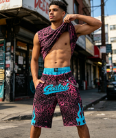 Shorts de sport streetwear pour hommes, double couche, taille élastique, avec broderie flamme cyan, lettres en strass et chaîne