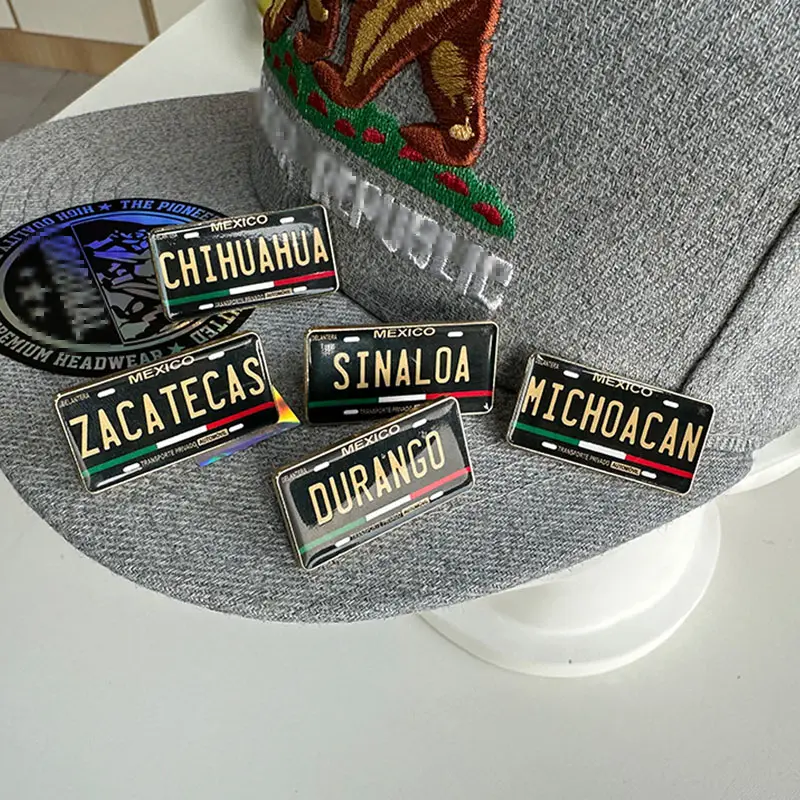 Placas de matrícula de coche de color personalizado, pines esmaltados, placas de matrícula para los Estados de México, pines de sombrero mexicano