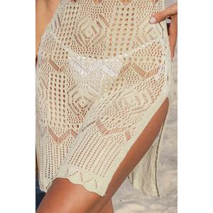 Vestido Midi de Playa Estilo Bohemio con Tirantes, Abertura y Perforaciones, Sin Mangas, Color Albaricoque Fresco, con Tejido Ecológico - Product Image 6