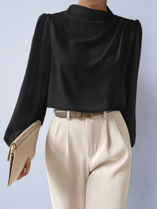 Blus Wanita Satin Kerah Cowl Lengan Panjang Elegan Model Draped Mock Neck Pullover untuk Kerja Kantor Kasual Bisnis 2026 - Product Image 3