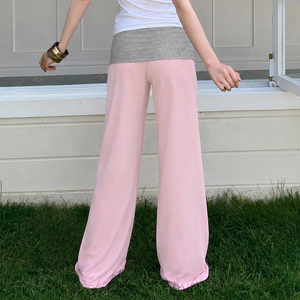 Pantalones Largos Casuales de Estilo Puro con Bloques de Color, Pedrería Floral y Cintura Plegable, para Descansar en Casa, Cómodos y Relajados para Chicas - Product Image 2