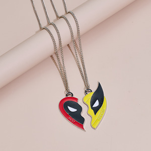 <b>Marvel</b> Deadpool Wolverine Heart Pendant <b>Necklace</b> Zinc Alloy Unisex Gift Set Best Friends Trendy Fashion Jewelry - Product Image 1
