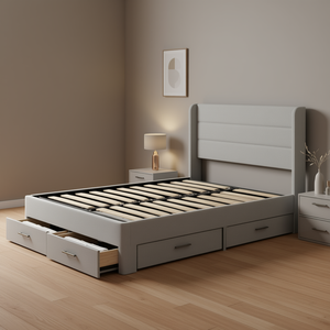 Cadre de lit complet avec tiroirs de rangement, lattes en bois, revêtement en tissu, design moderne pour chambre à coucher - Product Image 2