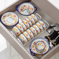 Nouvelle conception, vaisselle en céramique et porcelaine écologique personnalisable, style bohème, assiettes et bols avec motif floral pour un usage domestique