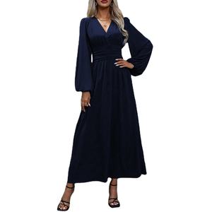 Abiti Lunghi da Donna Nuovo Stile 2026 con Scollo a V Maniche a Sbuffo, Elegante Abito Stampato Stile Europeo con Vita Sottile e <span class=keywords><strong>Spacco</strong></span> Casual - Product Image 1