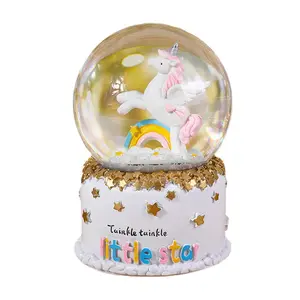 Snowflake resin crafts desktop decoration ornaments gift unicorn crystal ball with light music box